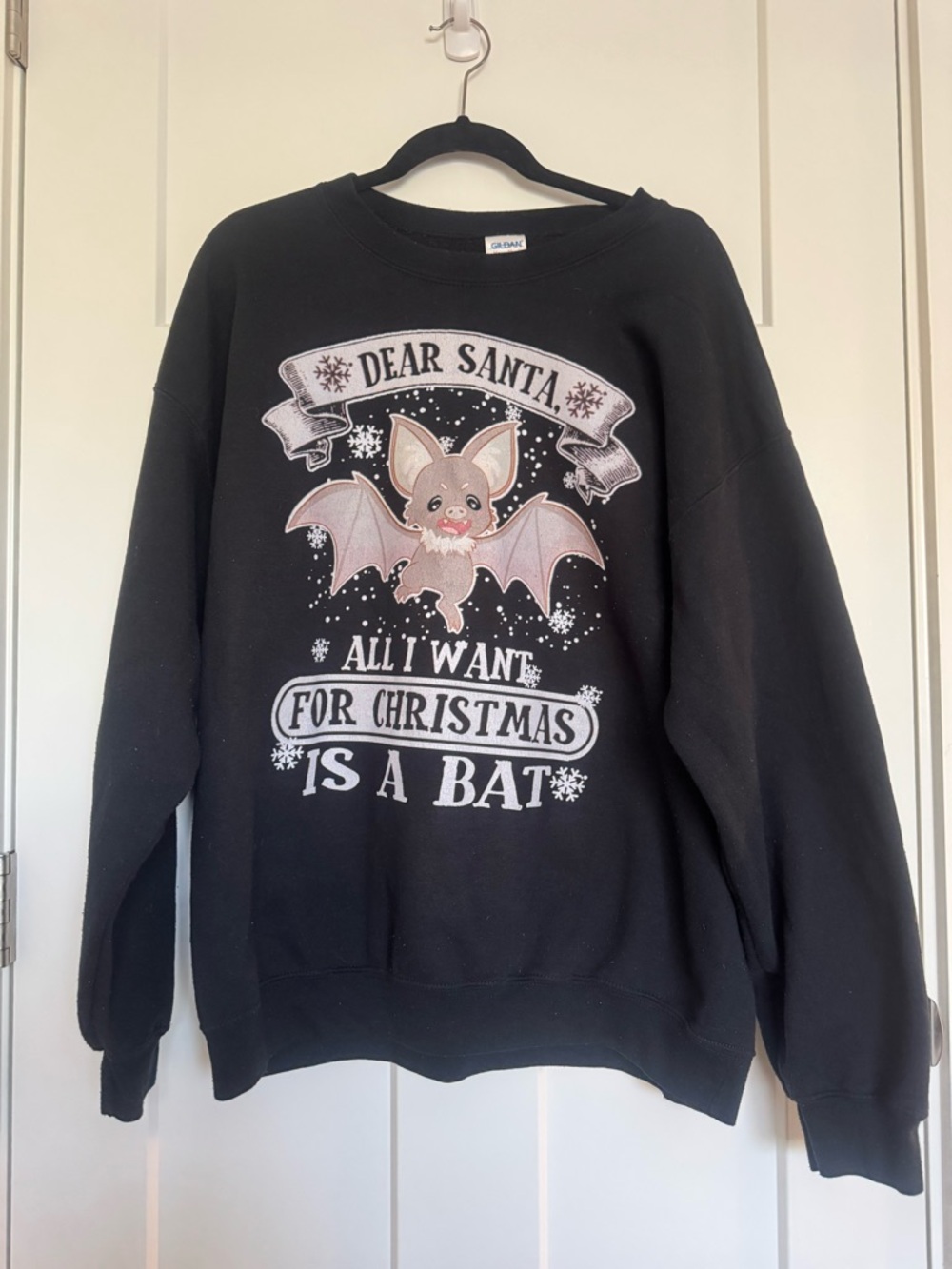 Gildan Black Crewneck Sweatshirt with Pink Bat Holiday Graphic